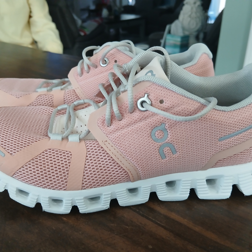 On Running Peach and White Athletic Shoes
